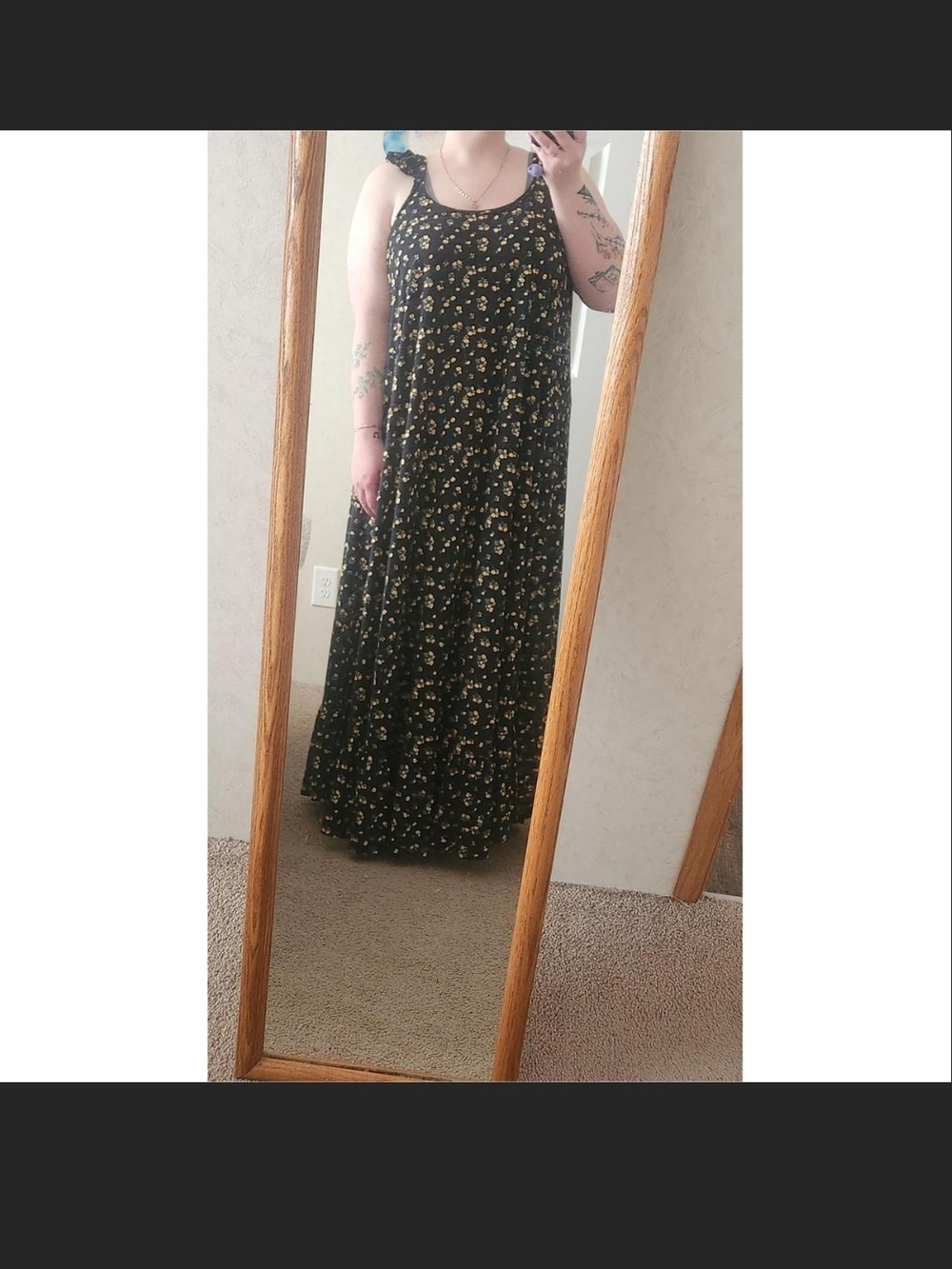 Black Floral Maxi Dress with Yellow Ditsy Print